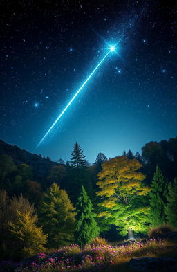 A stunning and enchanting scene featuring a magical shooting star streaking across a night sky filled with twinkling stars