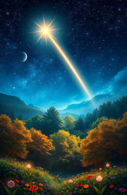 A stunning and enchanting scene featuring a magical shooting star streaking across a night sky filled with twinkling stars