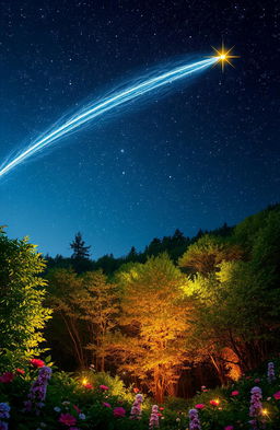 A stunning and enchanting scene featuring a magical shooting star streaking across a night sky filled with twinkling stars