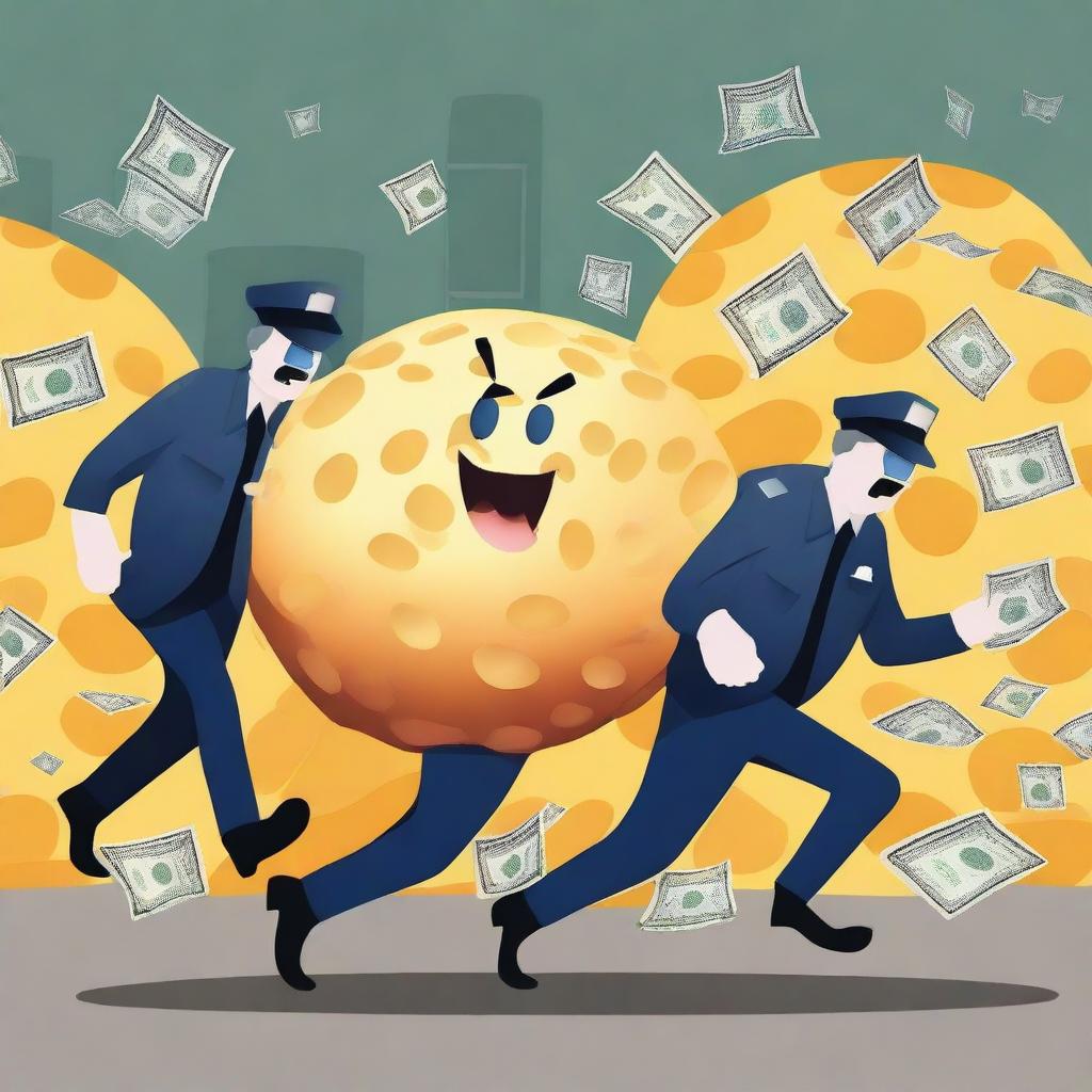 Generate an image of an evil cheese ball being chased by cops, holding a bag of money
