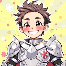 A humorous illustration of an anime guy with a lighthearted and somewhat goofy personality, shining with a sense of charm and silliness