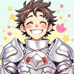 A humorous illustration of an anime guy with a lighthearted and somewhat goofy personality, shining with a sense of charm and silliness