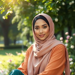 A beautiful Muslim woman wearing a stylish hijab that complements her outfit, sitting gracefully in a serene park surrounded by lush greenery and blooming flowers