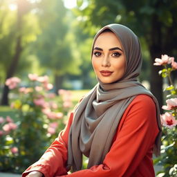 A beautiful Muslim woman wearing a stylish hijab that complements her outfit, sitting gracefully in a serene park surrounded by lush greenery and blooming flowers