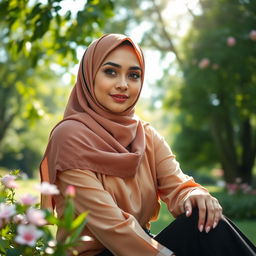 A beautiful Muslim woman wearing a stylish hijab that complements her outfit, sitting gracefully in a serene park surrounded by lush greenery and blooming flowers