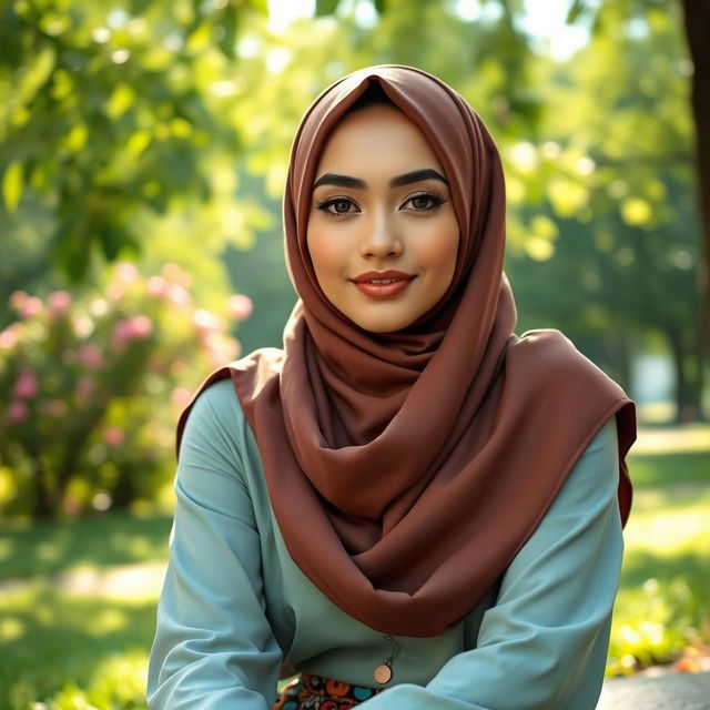 A beautiful Muslim woman wearing a stylish hijab that complements her outfit, sitting gracefully in a serene park surrounded by lush greenery and blooming flowers