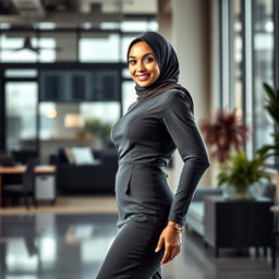A beautiful Muslim business woman with a confident presence, showcasing her stylish figure in a tailored, form-fitting formal dress that elegantly accentuates her curves
