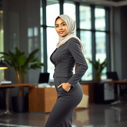 A beautiful Muslim business woman with a confident presence, showcasing her stylish figure in a tailored, form-fitting formal dress that elegantly accentuates her curves