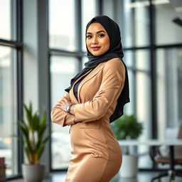 A beautiful Muslim business woman with a confident presence, showcasing her stylish figure in a tailored, form-fitting formal dress that elegantly accentuates her curves