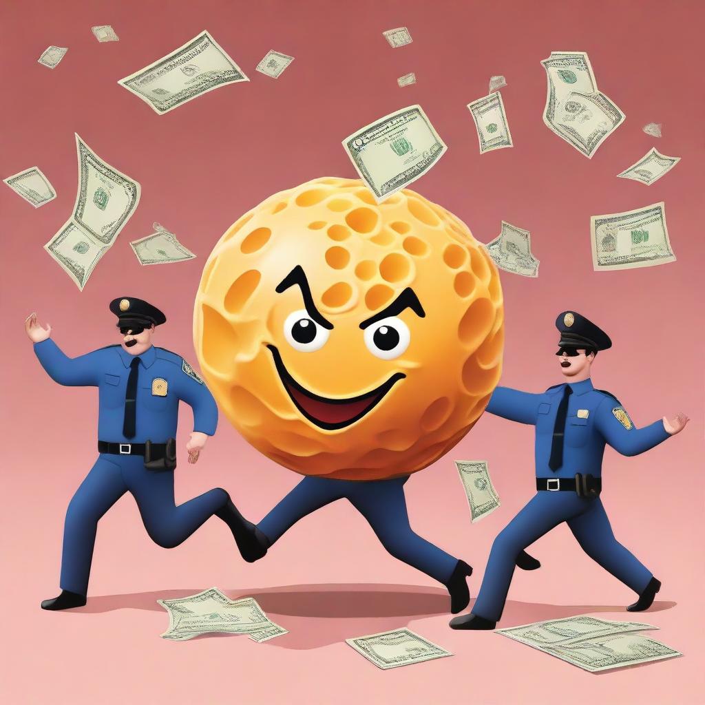 Generate an image of an evil cheese ball being chased by cops, holding a bag of money