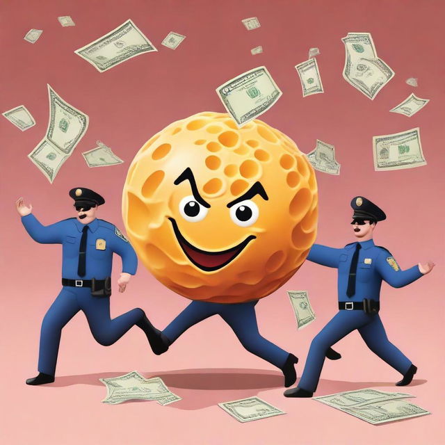 Generate an image of an evil cheese ball being chased by cops, holding a bag of money