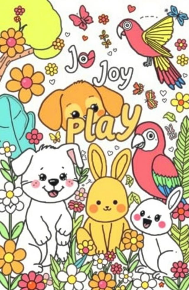 A whimsical coloring book background filled with cute and friendly animal illustrations for children, including a playful puppy, a curious kitten, a cheerful rabbit, and a colorful parrot