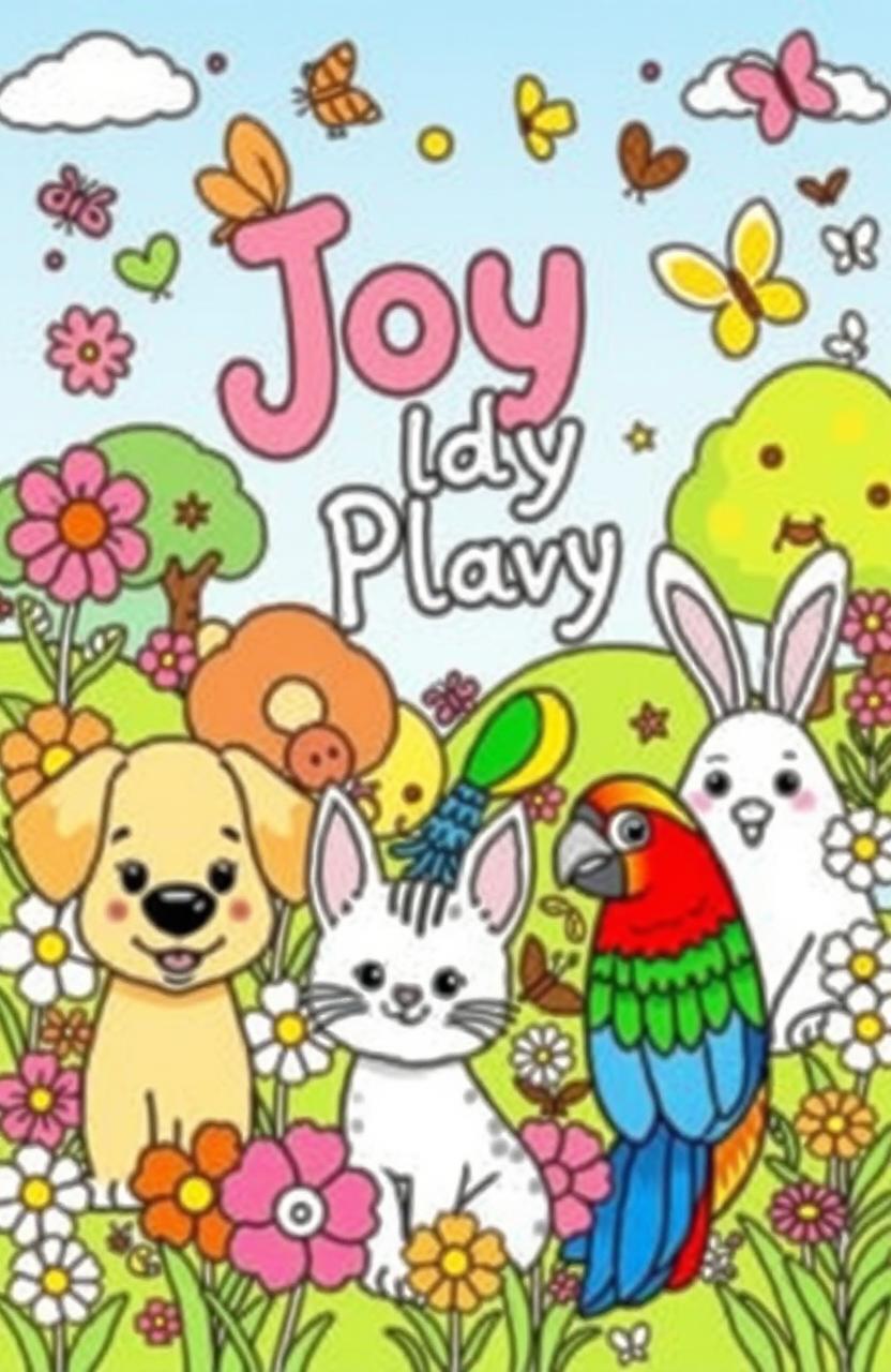 A whimsical coloring book background filled with cute and friendly animal illustrations for children, including a playful puppy, a curious kitten, a cheerful rabbit, and a colorful parrot