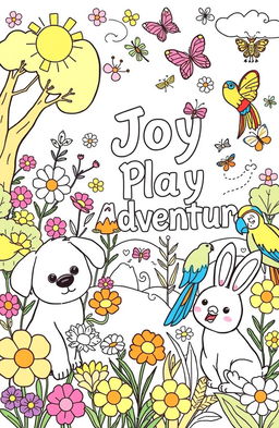 A whimsical coloring book background filled with cute and friendly animal illustrations for children, including a playful puppy, a curious kitten, a cheerful rabbit, and a colorful parrot
