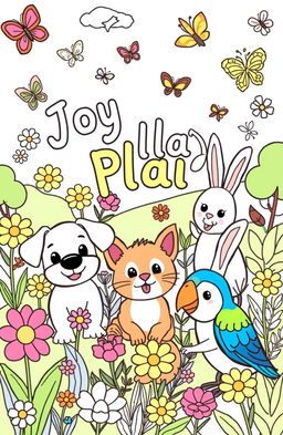 A whimsical coloring book background filled with cute and friendly animal illustrations for children, including a playful puppy, a curious kitten, a cheerful rabbit, and a colorful parrot