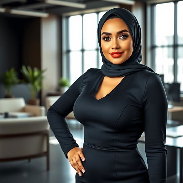 A stunning Muslim business woman with a fitness physique, featuring a slim waist and a voluptuous silhouette, confidently posing in a modern office setting