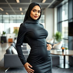A stunning Muslim business woman with a fitness physique, featuring a slim waist and a voluptuous silhouette, confidently posing in a modern office setting
