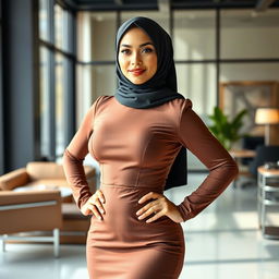 A stunning Muslim business woman with a fitness physique, featuring a slim waist and a voluptuous silhouette, confidently posing in a modern office setting