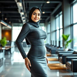 A stunning Muslim business woman with a fitness physique, featuring a slim waist and a voluptuous silhouette, confidently posing in a modern office setting