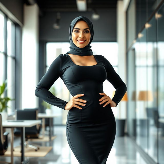 A beautiful Muslim business woman with a fitness physique, featuring a slim waist and voluptuous curves, confidently posing in a modern office environment