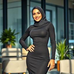 A beautiful Muslim business woman with a fitness physique, featuring a slim waist and voluptuous curves, confidently posing in a modern office environment