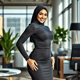 A beautiful Muslim business woman with a fitness physique, featuring a slim waist and voluptuous curves, confidently posing in a modern office environment