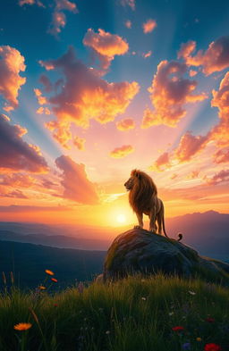 A captivating fantasy landscape featuring a majestic lion standing on a rocky cliff overlooking an expansive, colorful sunset sky