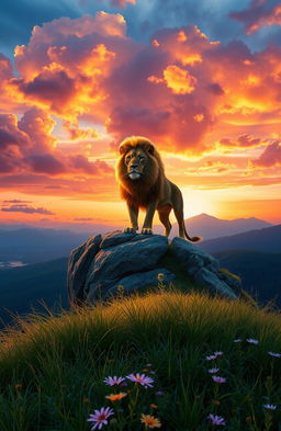 A captivating fantasy landscape featuring a majestic lion standing on a rocky cliff overlooking an expansive, colorful sunset sky