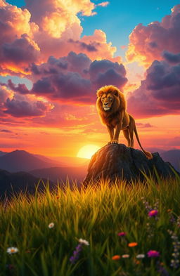 A captivating fantasy landscape featuring a majestic lion standing on a rocky cliff overlooking an expansive, colorful sunset sky