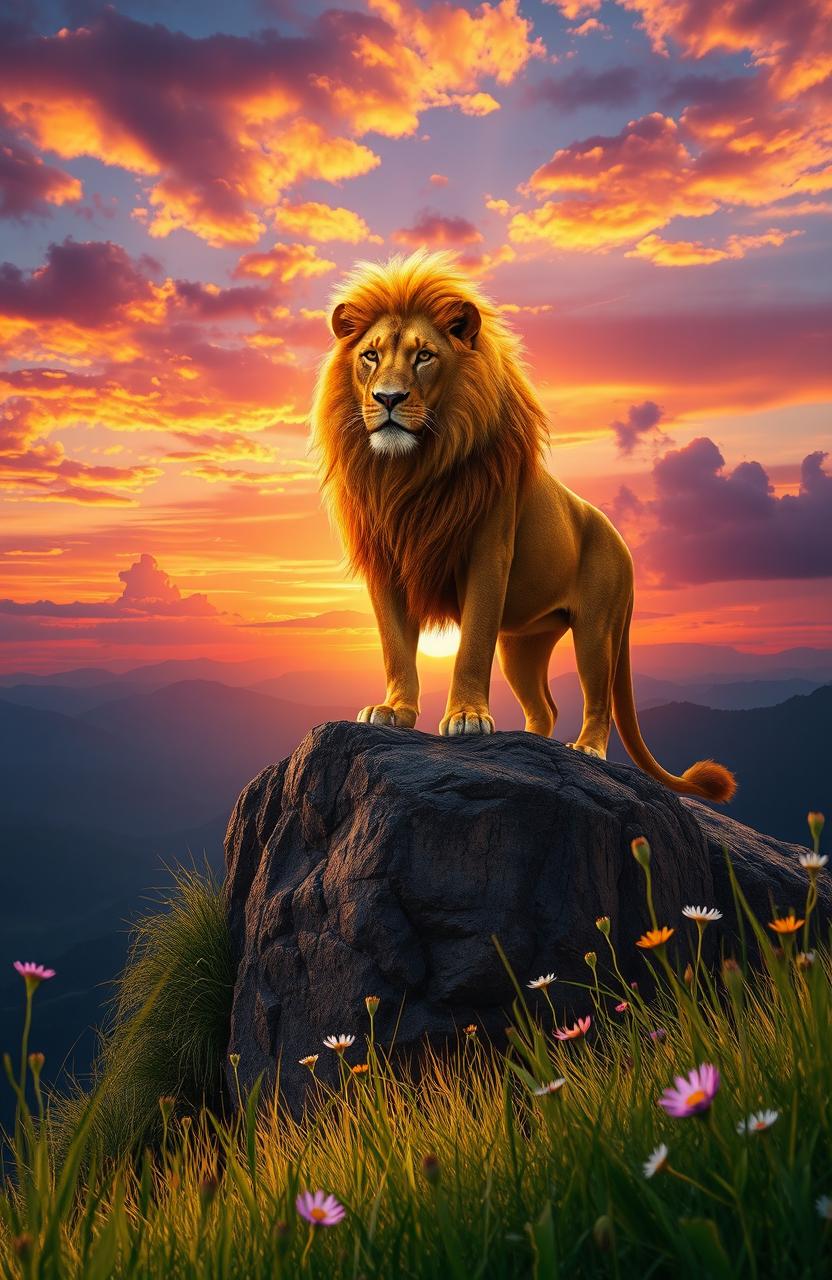 A captivating fantasy landscape featuring a majestic lion standing on a rocky cliff overlooking an expansive, colorful sunset sky