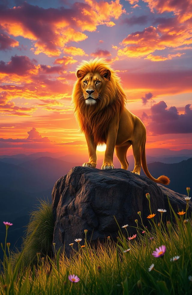 A captivating fantasy landscape featuring a majestic lion standing on a rocky cliff overlooking an expansive, colorful sunset sky