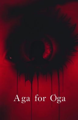 A dark and distorted photograph of a human eye, set against a blood-red background