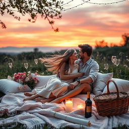 A soft romance scene depicting a cozy, intimate moment between two lovers in a beautifully decorated outdoor setting