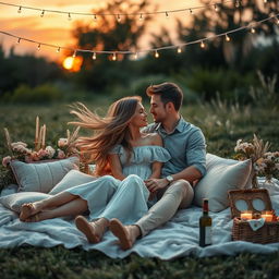 A soft romance scene depicting a cozy, intimate moment between two lovers in a beautifully decorated outdoor setting
