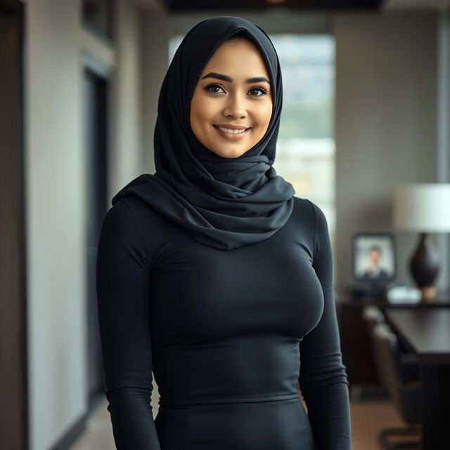 A beautiful Muslim businesswoman with a sexy body shape, wearing a tight-fitting black formal dress with long sleeves in an elegant office setting