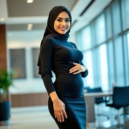 A beautiful Muslim businesswoman with a sexy body shape, wearing a tight-fitting black formal dress with long sleeves in an elegant office setting