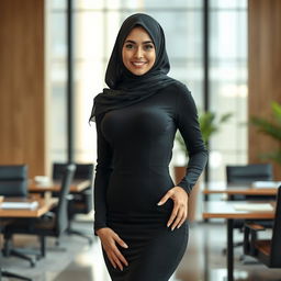 A beautiful Muslim businesswoman with a sexy body shape, wearing a tight-fitting black formal dress with long sleeves in an elegant office setting