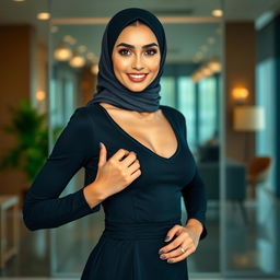 A beautiful Muslim businesswoman with a sexy body shape, wearing a tight-fitting black formal dress with long sleeves in an elegant office setting