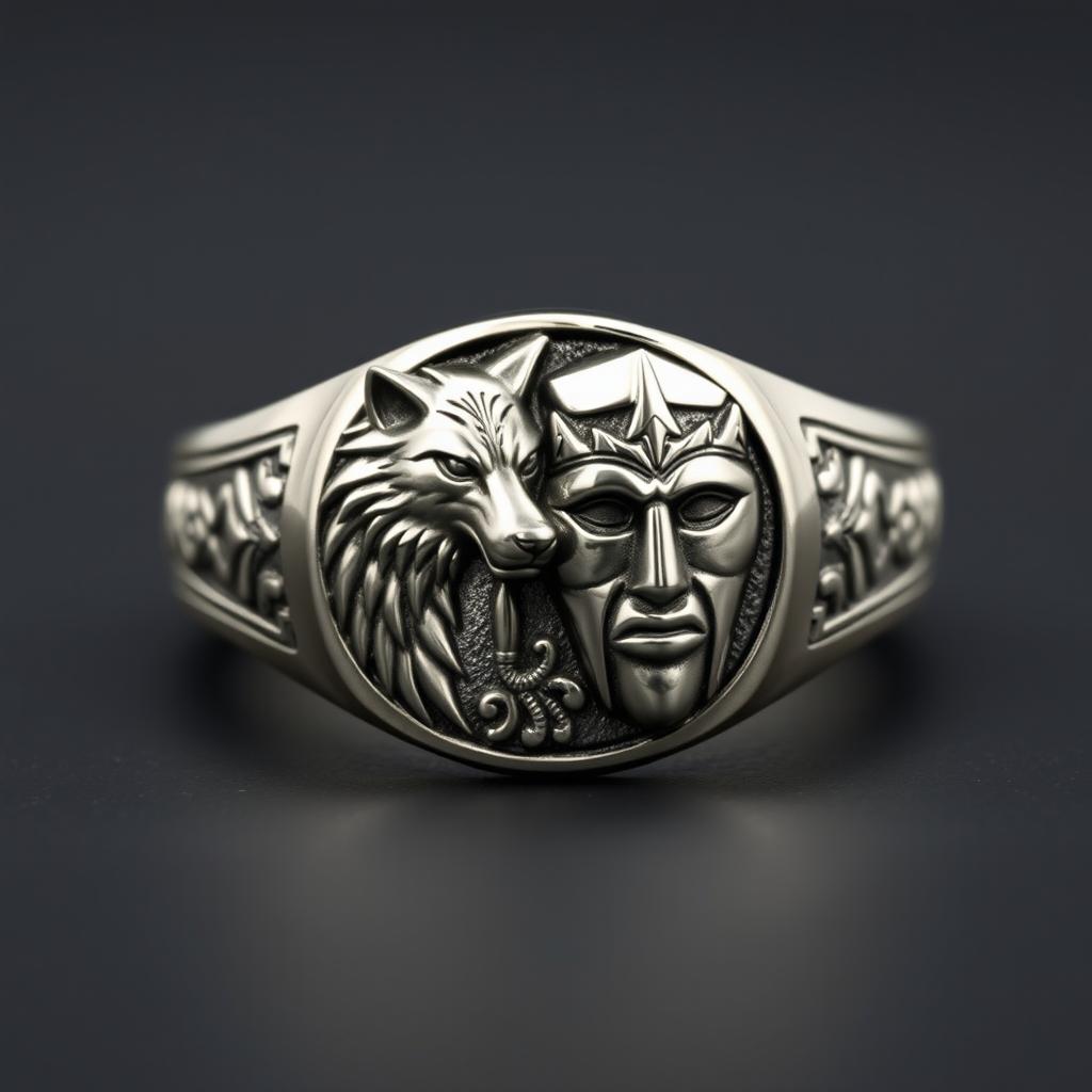 A beautifully designed signet ring featuring a split double crest of two distinct dynasties, divided diagonally