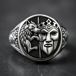 A beautifully designed signet ring featuring a split double crest of two distinct dynasties, divided diagonally
