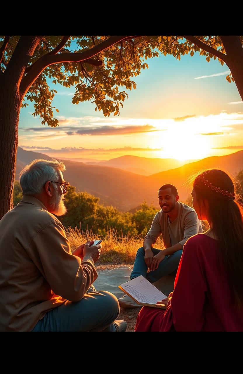 A vibrant and inspiring scene depicting discipleship, featuring a diverse group of individuals sitting in a serene outdoor setting, engaged in deep conversation