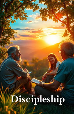 A vibrant and inspiring scene depicting discipleship, featuring a diverse group of individuals sitting in a serene outdoor setting, engaged in deep conversation