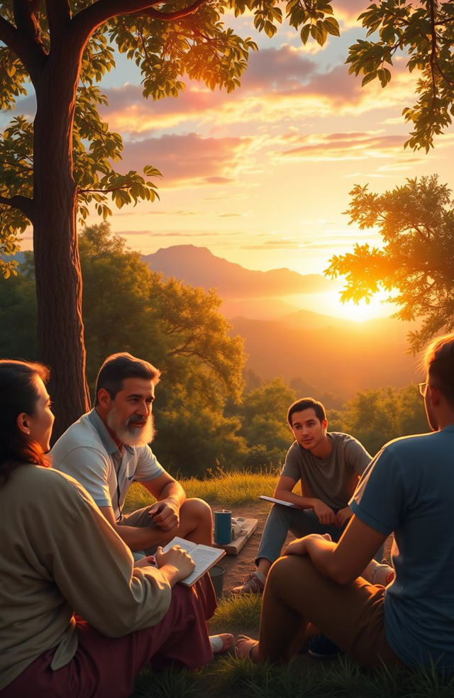 A vibrant and inspiring scene depicting discipleship, featuring a diverse group of individuals sitting in a serene outdoor setting, engaged in deep conversation