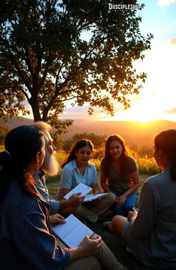 A vibrant and inspiring scene depicting discipleship, featuring a diverse group of individuals sitting in a serene outdoor setting, engaged in deep conversation