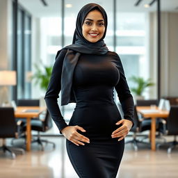 A beautiful Muslim businesswoman with a sexy body shape, wearing a tight-fitting black formal dress with long sleeves in an elegant office environment