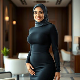 A beautiful Muslim businesswoman with a sexy body shape, wearing a tight-fitting black formal dress with long sleeves in an elegant office environment