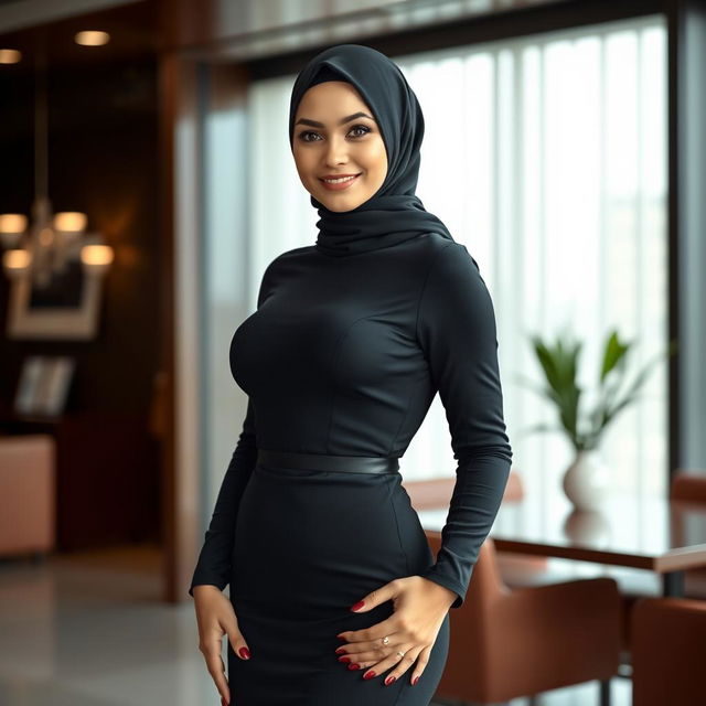 A beautiful Muslim businesswoman with a sexy body shape, wearing a tight-fitting black formal dress with long sleeves in an elegant office environment