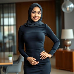 A beautiful Muslim businesswoman with a sexy body shape, wearing a tight-fitting black formal dress with long sleeves in an elegant office environment
