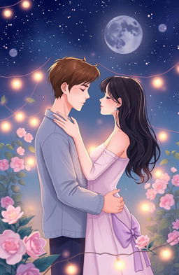 A soft romance illustration of two soulmates who are deeply in love, sharing an intimate moment under a starry night sky