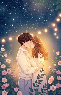 A soft romance illustration of two soulmates who are deeply in love, sharing an intimate moment under a starry night sky